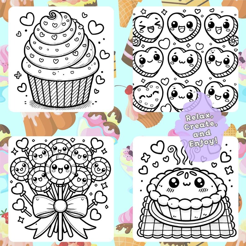 Relaxing and fun Sweet Treats Coloring Book pages with cupcakes, heart-shaped chocolates, lollipop bouquet, and a pie with a chibi face and hearts.