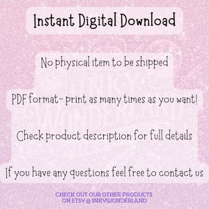 Instant Digital Download announcement with no physical item shipped, featuring easy printing options and unlimited prints.