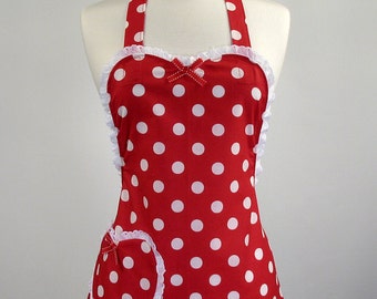 Retro Apron Cute Womans Apron (Holiday Edition) Sweet Heart Womans Full Apron  (Red)