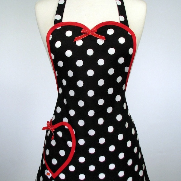 Apron Cute Retro Apron, handmade pin up Womens Full Betty Sweetheart Black and White Polka Dot with Red Trim