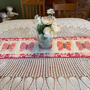 Butterfly Table Runner: Appliqued Quilted Cotton, Pink Floral for spring, summer, and Easter
