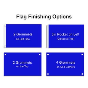 May include: Four different flag finishing options are shown. The options include two grommets on the left side, two grommets on the top, a 3-inch pocket on the left side, and four grommets on all four corners.