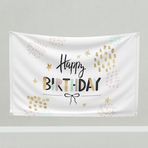 Happy Birthday Banner for Her • Elegant White Background with Gold Dots Birthday Flag • Perfect Outdoor Garden Party Decoration for Her