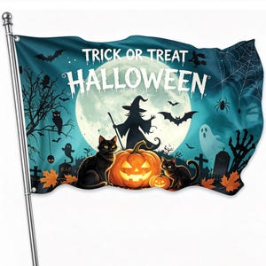 May include: A rectangular Halloween flag featuring the text TRICK OR TREAT HALLOWEEN in white. The design displays a large full moon, a witch silhouette, two black cats, two jack-o'-lanterns, bats, a ghost, a spider web, and orange leaves.