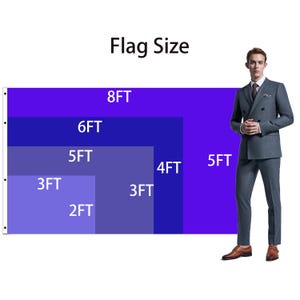 May include: A diagram showing different flag sizes in feet. The largest flag is 8 feet by 5 feet, and the smallest flag is 2 feet by 3 feet. The diagram is labeled "Flag Size".