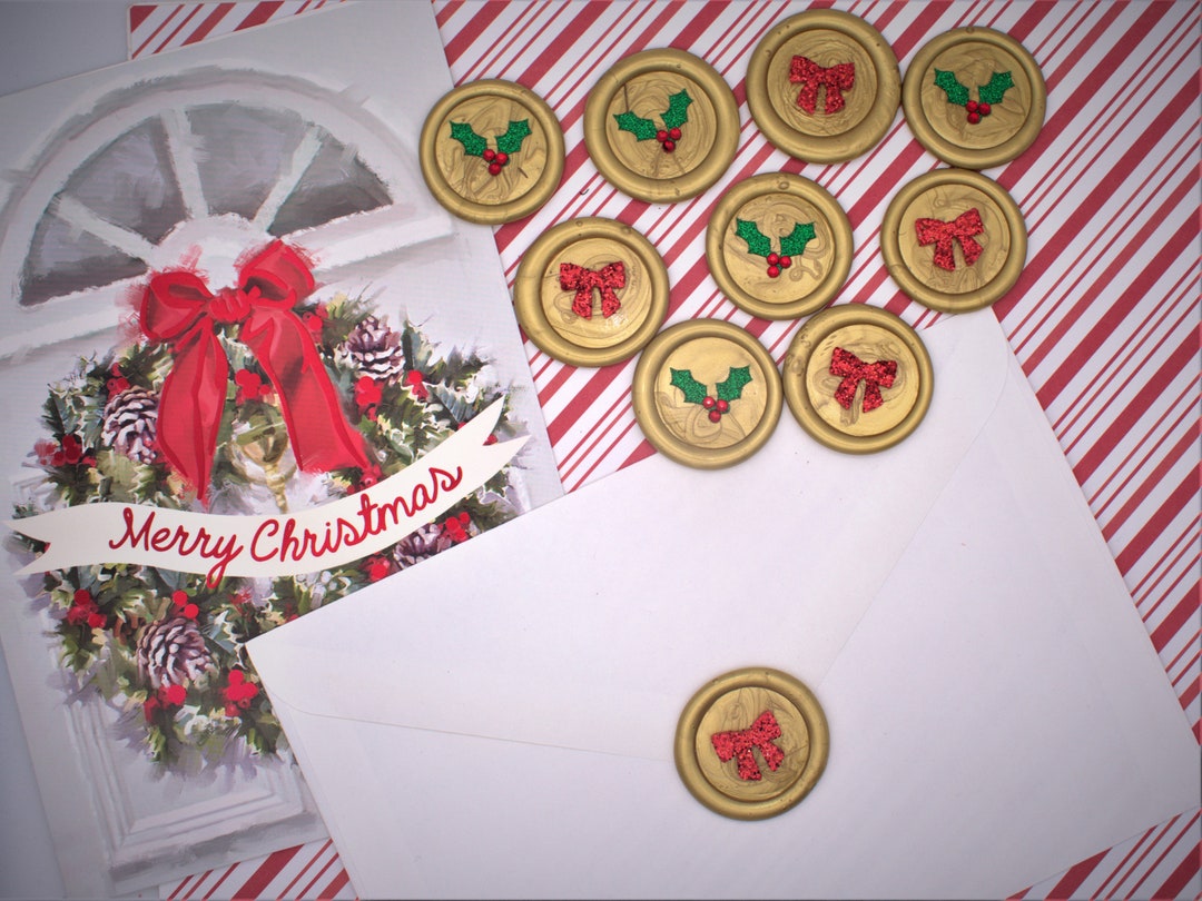 Christmas Card Holiday Bows and Holly Sprigs Wax Seal Set of 10, Self ...