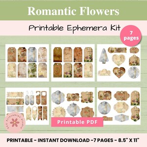 Romantische bloemen afdrukbare junk-journaallabels, vintage botanische grunge tags en labels Efemere items voor het maken van kaarten, digitale scrapbooking