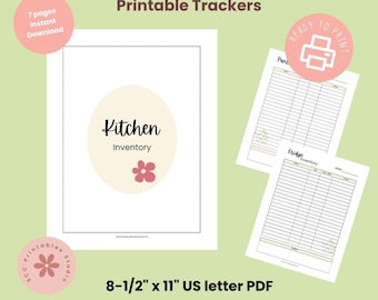 May include: Printable kitchen inventory tracker with a cover page featuring a pink flower and the text "Kitchen Inventory". The printable sheets are 8.5 inches by 11 inches and are ready to print.
