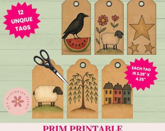 Prim Americana Kraft Gift Tags, Printable Prim Folk-Art Sheep, Crows, Saltbox House Collage Sheets for Junk Journals, Scrapbooking Ephemera