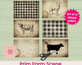 Prim Vintage Farm Scene Printable Labels, Primitive Cow, Sheep & Chicken College Sheets for Junk Journal, Scrapbooking Supplies, Card Fronts