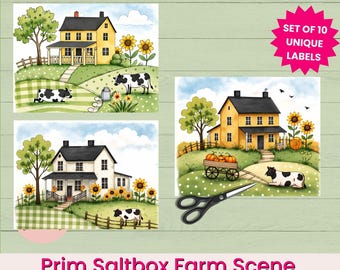 Primitive Saltbox Farm Scene Printable Labels, Prim Sheep Collage Sheets, Greeting Card Fronts, Junk Journal Cards, Gift Tags, Scrapbook