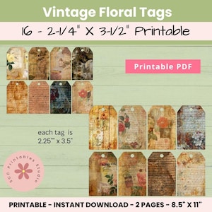 étiquettes imprimables florales vintage, étiquettes pour cadeaux de feuille de musique, éphémères d&#39;écriture manuscrite de journal indésirable, papier de scrapbooking, téléchargement immédiat