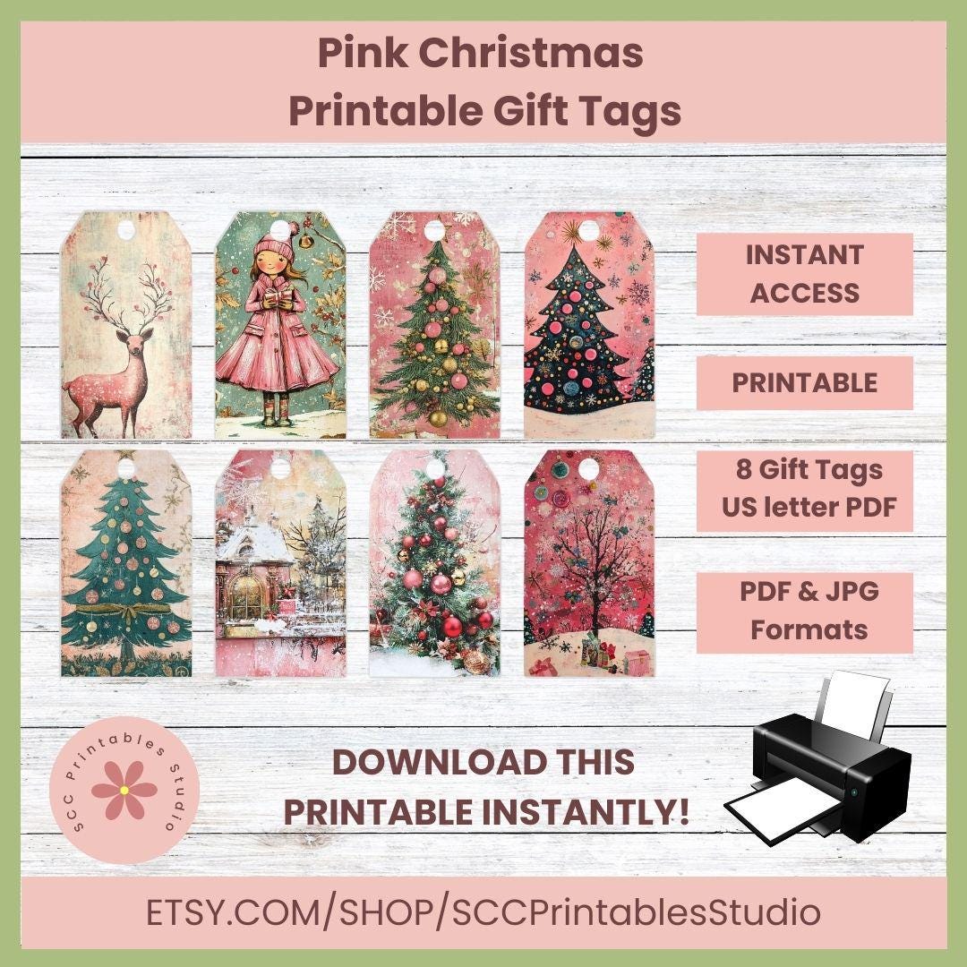 Christmas Printable Gift Tag Set #2, Whimsical Pink Christmas Holiday ...