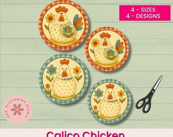 Folk-Art Calico Chicken Round Printable Labels, Junk Journal Ephemera, Farmhouse Collage Sheet Gift Tags, 4 Designs & Sizes
