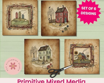 Primitive Mixed Media Cards Set #3, Printable Ephemera Junk Journal Supply, Saltbox House, Sheep, Crows, Buttons, Prim Art Collage Note Card