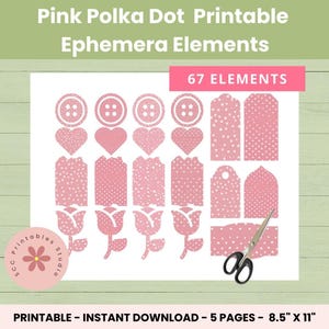 Roze polkadot afdrukbare ongewenste dagboektags, collageblad GirlyTags & labels Efemere items voor kaarten maken, Bullet Journaling, Scrabooking