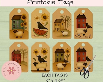 Primitive Americana Sheep & Crow Printable Gift Tags, Collage Sheet for Junk Journals, Scrapbooking, Paper Crafting Ephemera