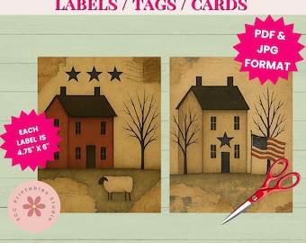 Primitive Americana Postcard Printable Labels, Prim Saltbox House, Sheep, Flag, Postmarks Junk Journal Collage Sheets, Scrapbook Ephemera