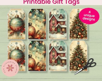 Vintage Christmas Printable Gift Tags, Victorian Ornaments, Holiday Snowy Winter Cottage Tags,  Old Fashioned Christmas Tree Ephemera