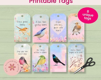 Whispers of Spring Printable Tags, Beautiful Pastel Colors Gift Tag Collage Sheets, Birds, Blooming Florals, & Words of Encouragement