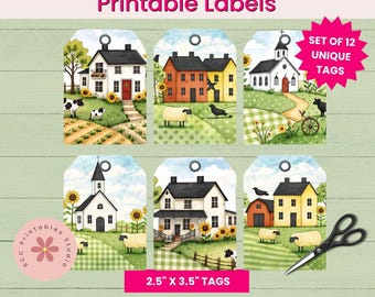 Prim Americana Gift Tags, Primitive Saltbox House Scenes Printable Collage Sheets for Scrapbooking, Paper Crafting Ephemera, Junk Journals