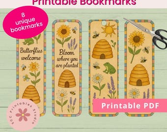 Printable Bookmarks, Beehives, Bumble Bees Collage Sheet, Floral Bookmark Designs, Mother's Day Gift for Mom, Ladies Book Club Gift