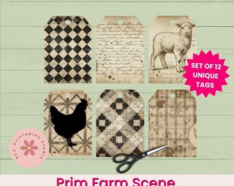 Prim Farm Scene Printable Tags, Primitive Chicken, Lamb, Cow Gift Tags,  Collage Sheet for Junk Journals, Scrapbooking, Paper Crafting