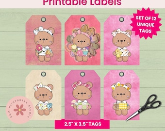 Whimsical Teddy Bear Printable Gift Tags, Spring Flowers, Cupcakes, Baby Bears Collage Sheet, Printable Ephemera for Scrapbooks & Journals