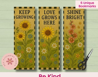 Bee Kind Printable Bookmarks, Retro Floral Bookmark Set, Sunflower Bookmark, Teacher Gift, Inspirational Reading Gifts, Teacher Appreciation