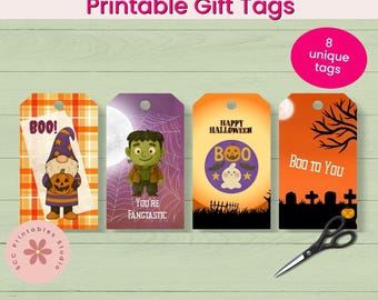 Halloween Printable Ghost Tag for Kids, Witch Party Favor, Gnome Halloween Treat Gift Tags, Printable Favor Labels, Junk Journal Ephemera