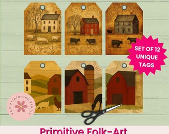 Primitive Folk-Art Printable Tags, Printable Saltbox House, Angel Gift Tags, Collage Sheet for Junk Journals, Scrapbooking, Paper Crafting