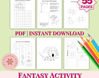 Fantasy Coloring Pages for Kids, Dragons, Hang Man, Bookmarks, Placemats Color Activities, 55 Easy Printable PDF Sheets