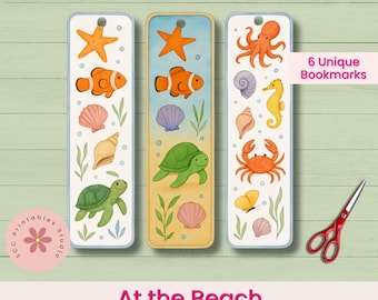 At the Beach Printable Bookmarks, Fish Turtles Crabs Lighthouse & Shells Bookmark Under the Sea Party Favors for Kids, Summer Reading Reward