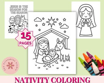 子供向けクリスマスのキリスト降誕のぬり絵、印刷可能なキリスト教クリスマスぬり絵、日曜学校の工作アクティビティ、ホリデークラフトの楽しみ