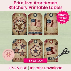 May include: Set of 12 Americana-themed printable labels with a vintage aesthetic. Designs include the American flag, stars, and patriotic phrases. Each tag measures 2" x 3.5" and features a distressed look with button and fabric accents.