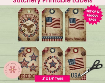 Primitive Americana Stitchery American Flag & Eagle Printable Gift Tags, Collage Sheets Junk Journals, Scrapbooking, Paper Crafting Ephemera
