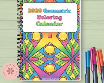 Printable Coloring Calendar, 2026 Dated Geometric Monthly, Bonus Coloring Bookmarks, Print at Home US Letter PDF
