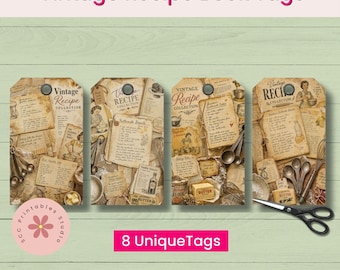 Vintage Recipe Collection Printable Gift Tags, Farmhouse Kitchen Baking Ephemera for Junk Journals, Scrapbooking & Paper Crafts