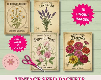 Vintage Seed Packet Printable Labels, Vegetable, Herb & Flower College Sheet for Junk Journals, Antique Ephemera for Scrapbooking and Crafts