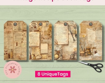 Vintage Recipe Book Collection Printable Gift Tags, Farmhouse Kitchen Baking Ephemera for Junk Journals, Scrapbooking & Paper Crafts