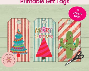 Retro Christmas Printable Gift Tags, Colorful Holiday Tags, Holiday Gift Tag, Santa, Old Red Truck, Christmas Cactus Printable Tag