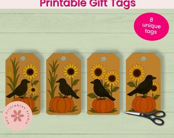 Crows & Scarecrows Fall Printable Gift Tags, Autumn Junk Journal Collage Sheet, Farmhouse Fall Tag, Scrapbooking Digital Ephemera