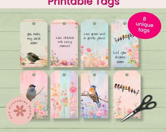 Romantic Floral Bird Printable Gift Tags, Cottage Garden Gift Tags, Shabby Chic Tags, Junk Journal Ephemera, Printable Favor Tags