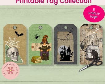 Halloween Printable Gift Tag for Kids, Black Cat Party Favor, Gnome Halloween Treat Gift Tags Printable Favor Labels, Junk Journal Ephemera