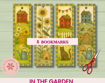 Spring in the Garden Printable Bookmarks, Birdhouses, Saltbox House, Sunflowers Collage Sheets Bookmark Set, Gift for Book Club Ladies
