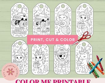 Printable Coloring Gift Tags for Kids, Birthday Print, Cut, Color - Truck, Pirate, Unicorn & Mermaid Gift Tags for Boys and Girls (2 Sizes)