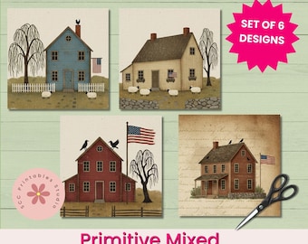 Primitive Mixed Media Cards, Printable Ephemera Junk Journal Supply, Saltbox House, Sheep, Crows, Buttons, Prim Art Collage Note Card