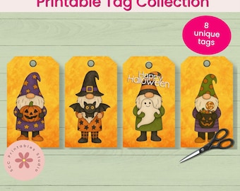 Spookactular Gnome Halloween Tags, Printable Junk Journal Collage Sheet, Scrapbooking Digital Ephemera, Kid's Halloween Party Favor Labels