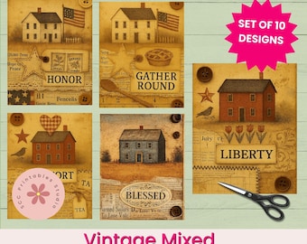 Prim Mixed Media Printable Cards, Primitive Collage Sheets, Americana Folkart Scene Journal Cards, Prim Scrapbooking Labels
