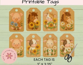 Farm Animal Baby Gift Tags Printable, Cute Farm Animals Labels for Baby Shower Favor Tags, Instant Download